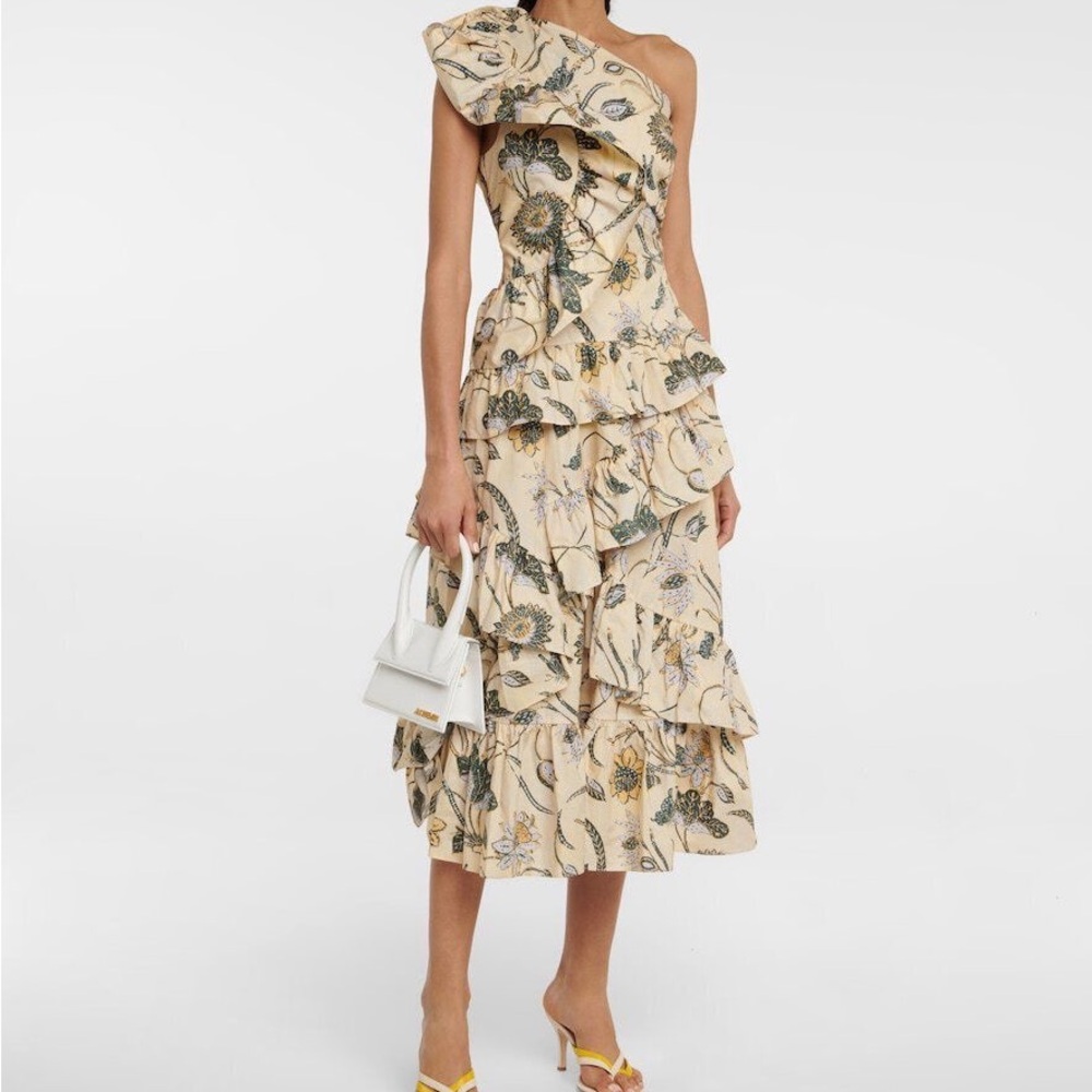 Ulla Johnson Asymmetrical Ruffled One Shoulder Dress in Cream and Black